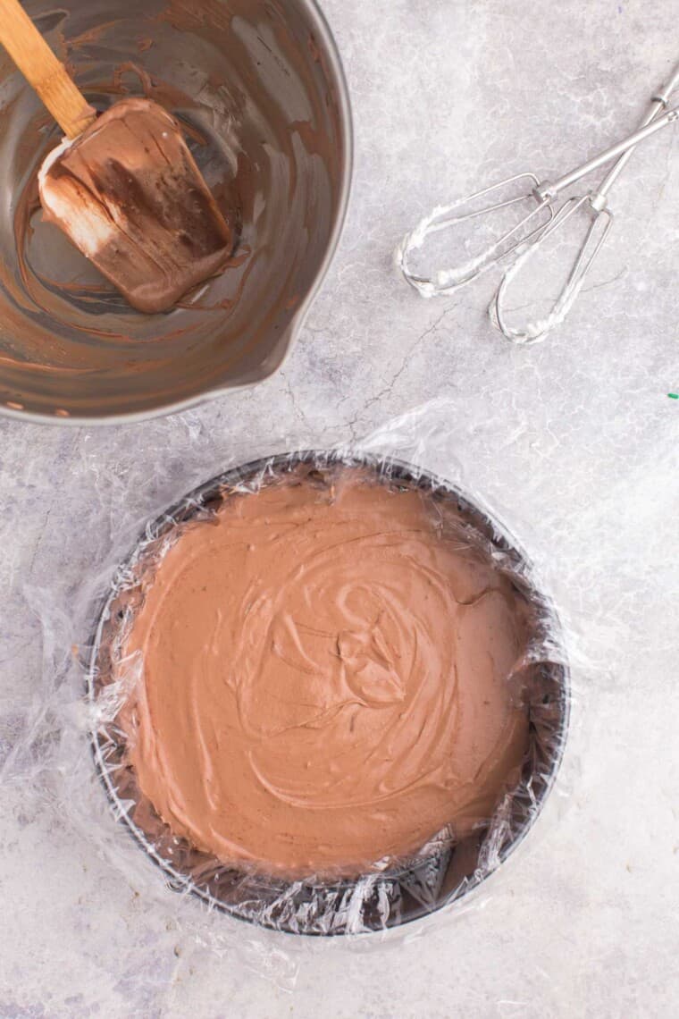 chocolate ice cream layer spread into the springform pan lined with plastic wrap