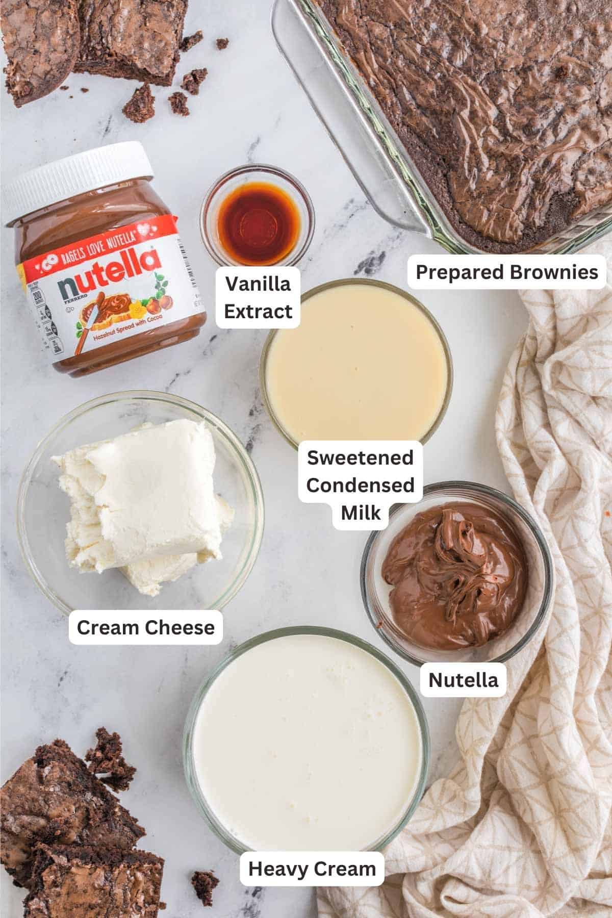 Ingredients for No-Churn Nutella Brownie Cheesecake Ice Cream.