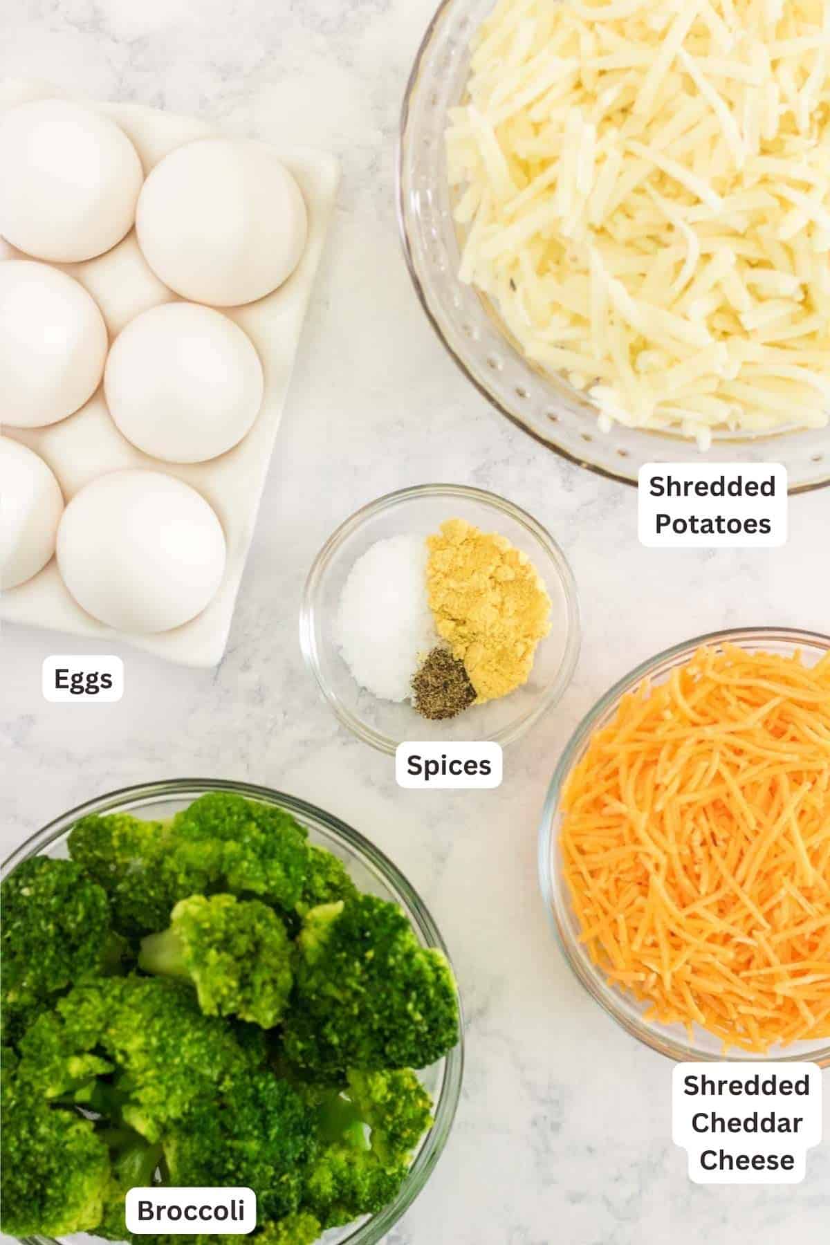 Ingredients for Broccoli Potato Cheese Egg Muffins.