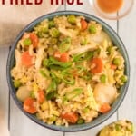 chicken fried rice in a bowl with a spoon holding a bite of it on the table next to it