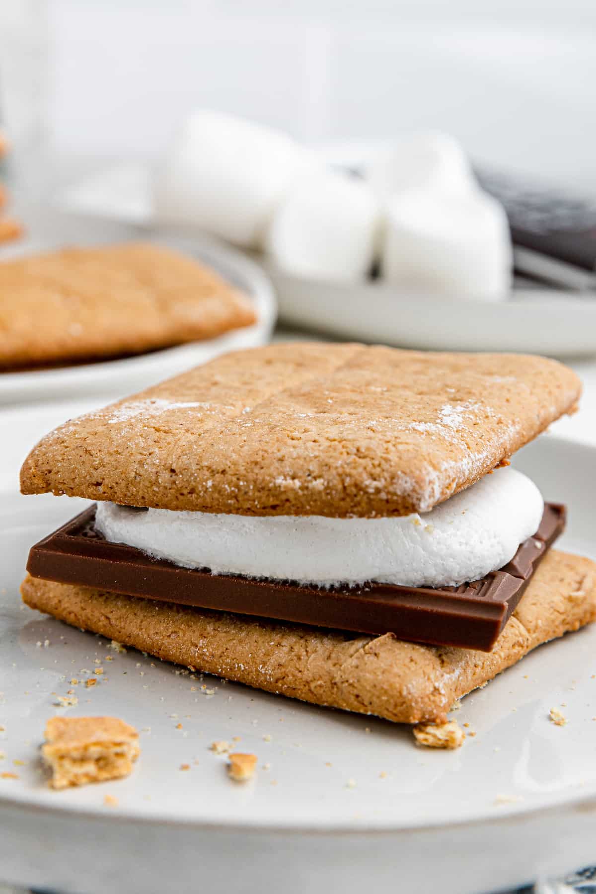 close up on a smore with marshmallows and chocolate