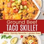 Taco Skillet in a pan with a scoop missing and spoon in the pan, and servings in two bowls with two forks surrounded by garnishes