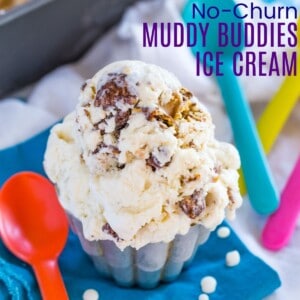 no churn muddy buddy ice cream in a small metal cup dripping onto a blue napkin