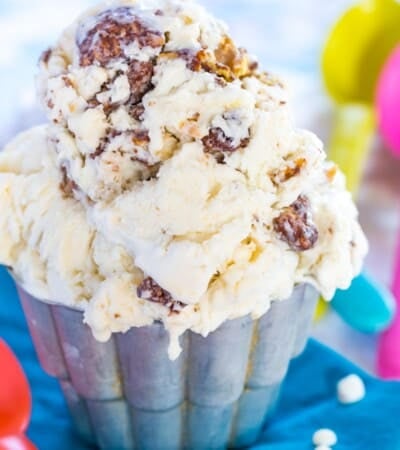 closeup of a small cup of the ice cream with muddy buddies mixed in
