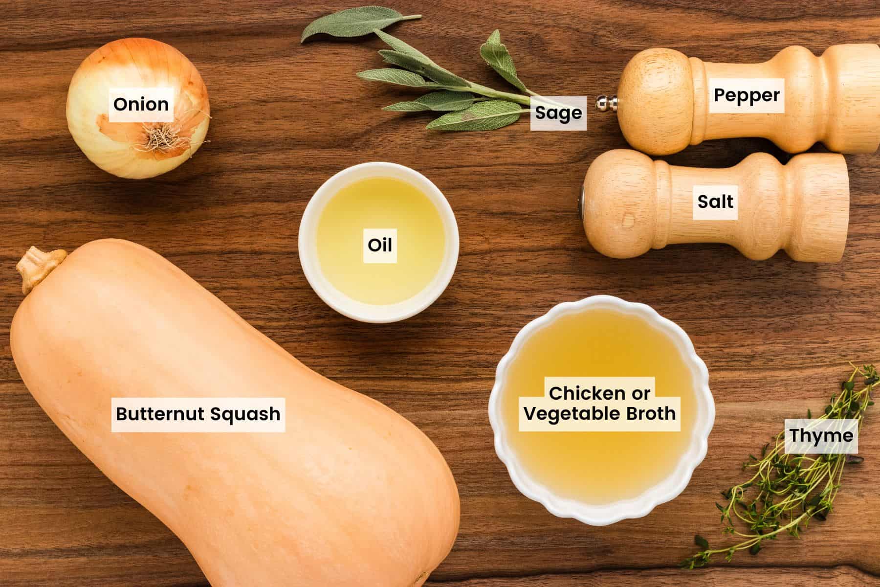 Overhead view of ingredients needed to make butternut squash soup.