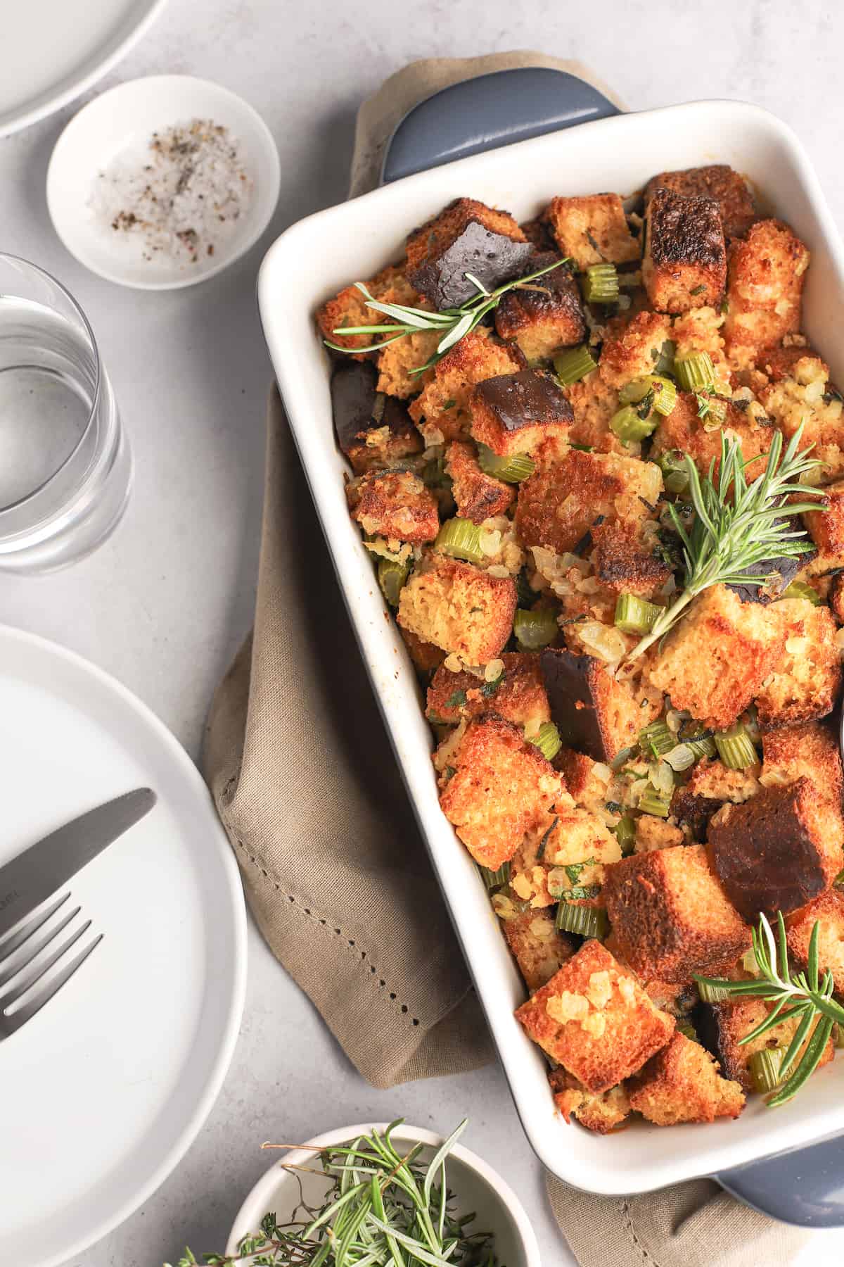 full baking dish of gluten-free stuffing