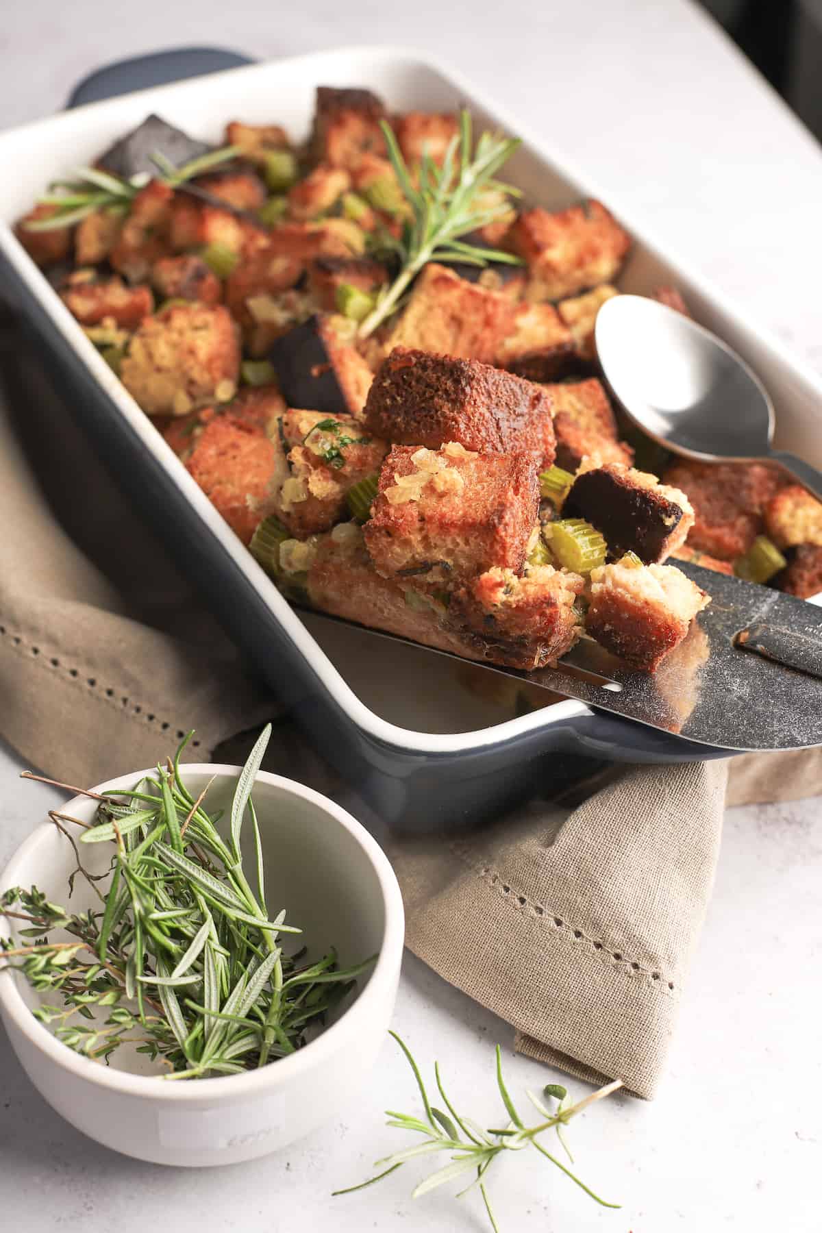 baking dish with gluten-free stuffing