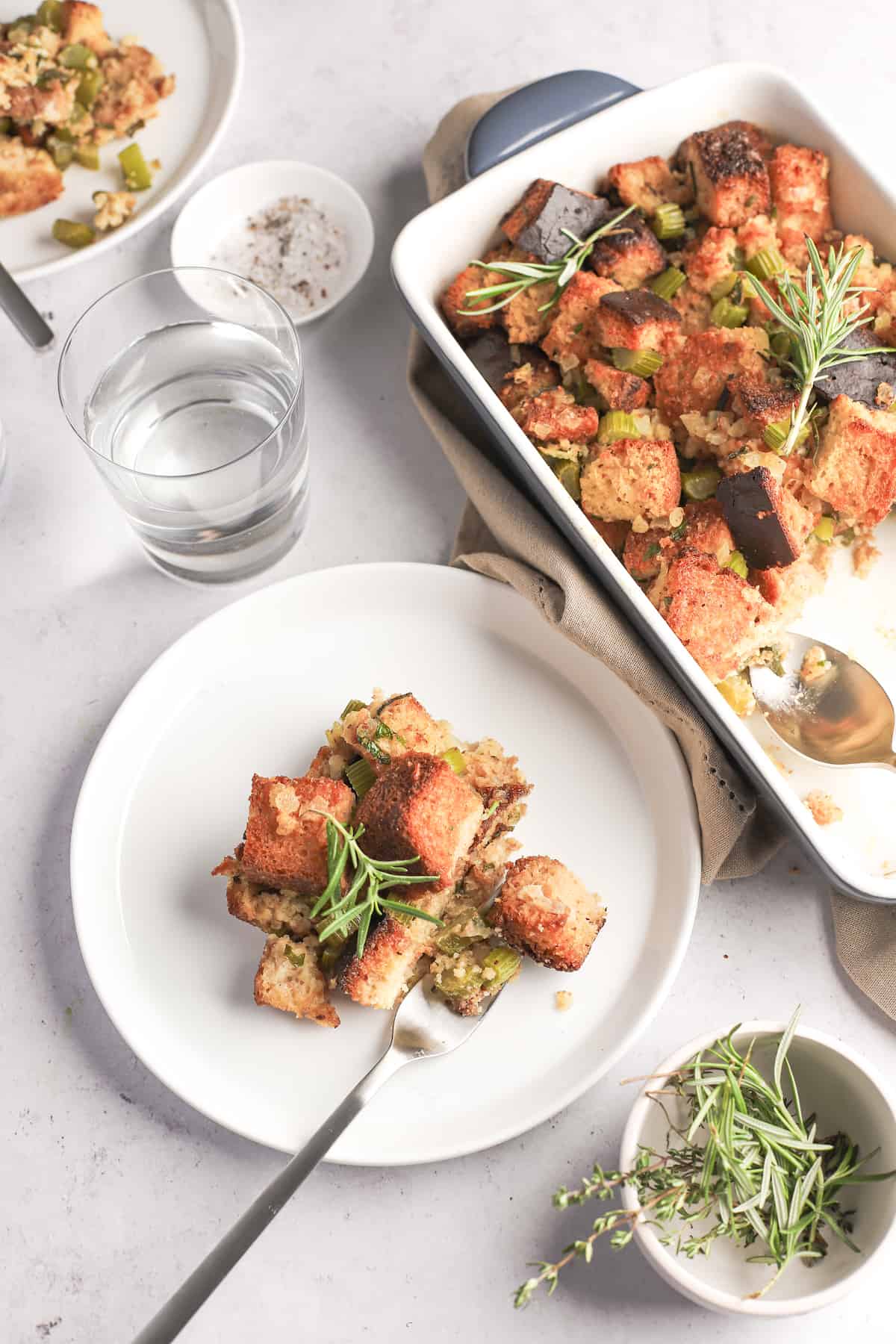 plate of thanksgiving stuffing with herbs