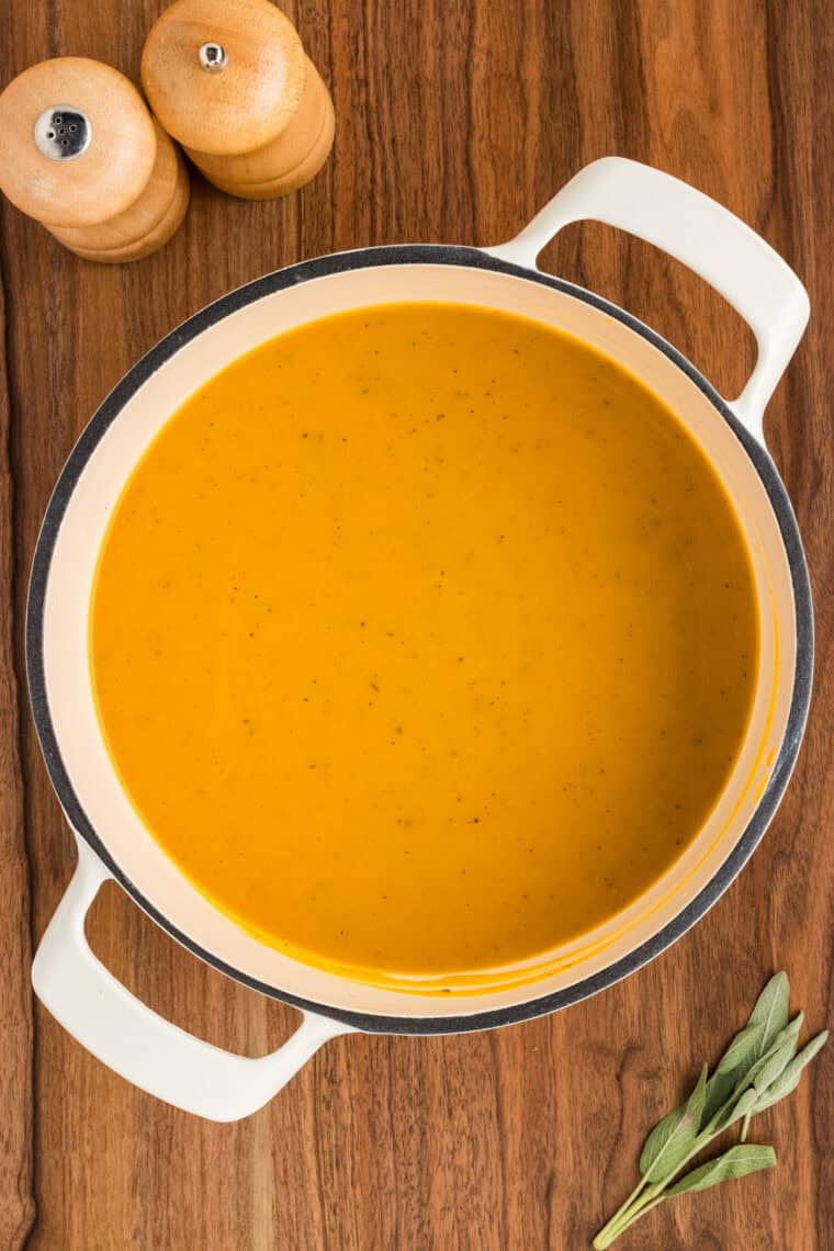 Overhead view of a pot of butternut squash soup.