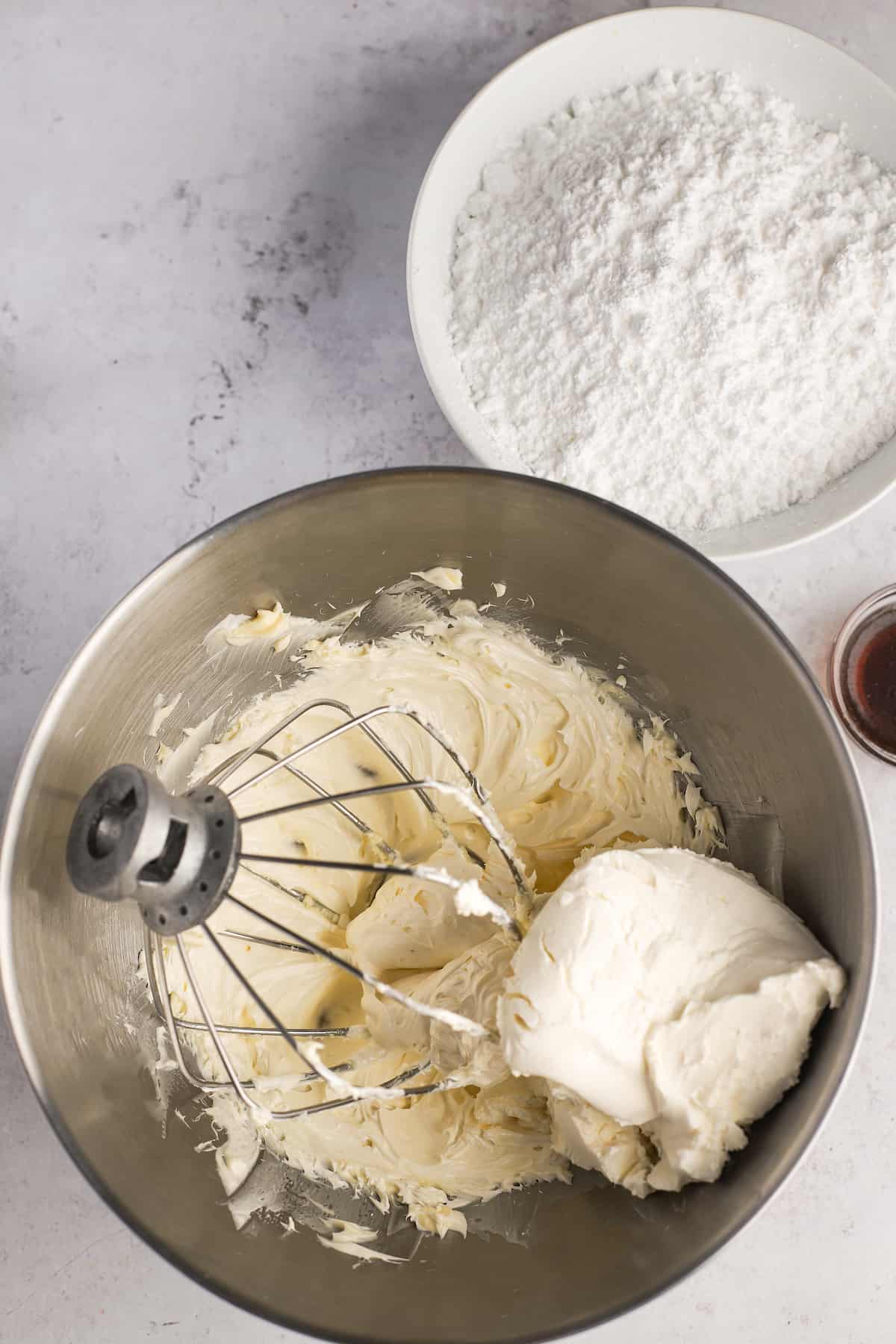 mixing bowl with butter and cream cheese