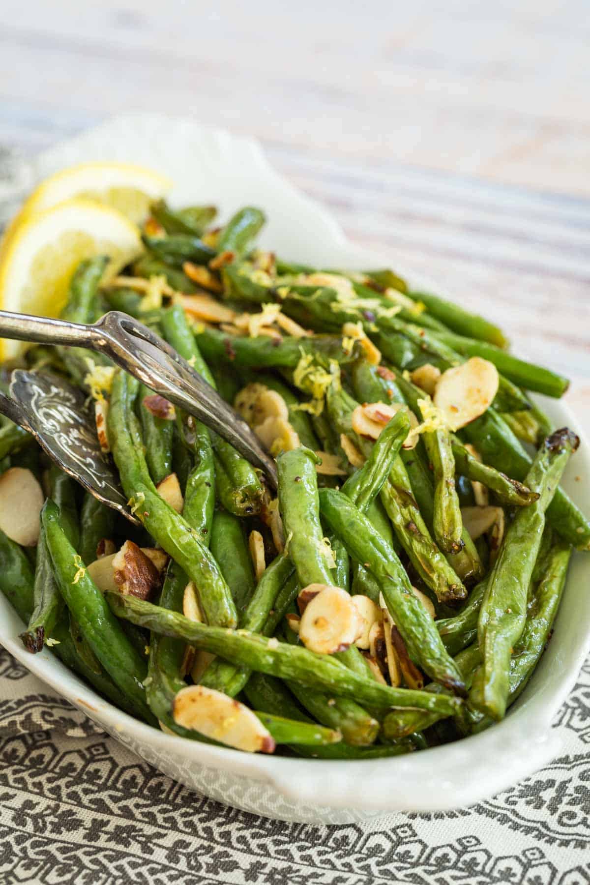 dish of green beans with almonds and lemon
