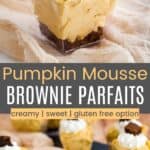 a spoon digging into a pumpkin mousse parfait and more mini parfaits on a table with slate platters and napkins