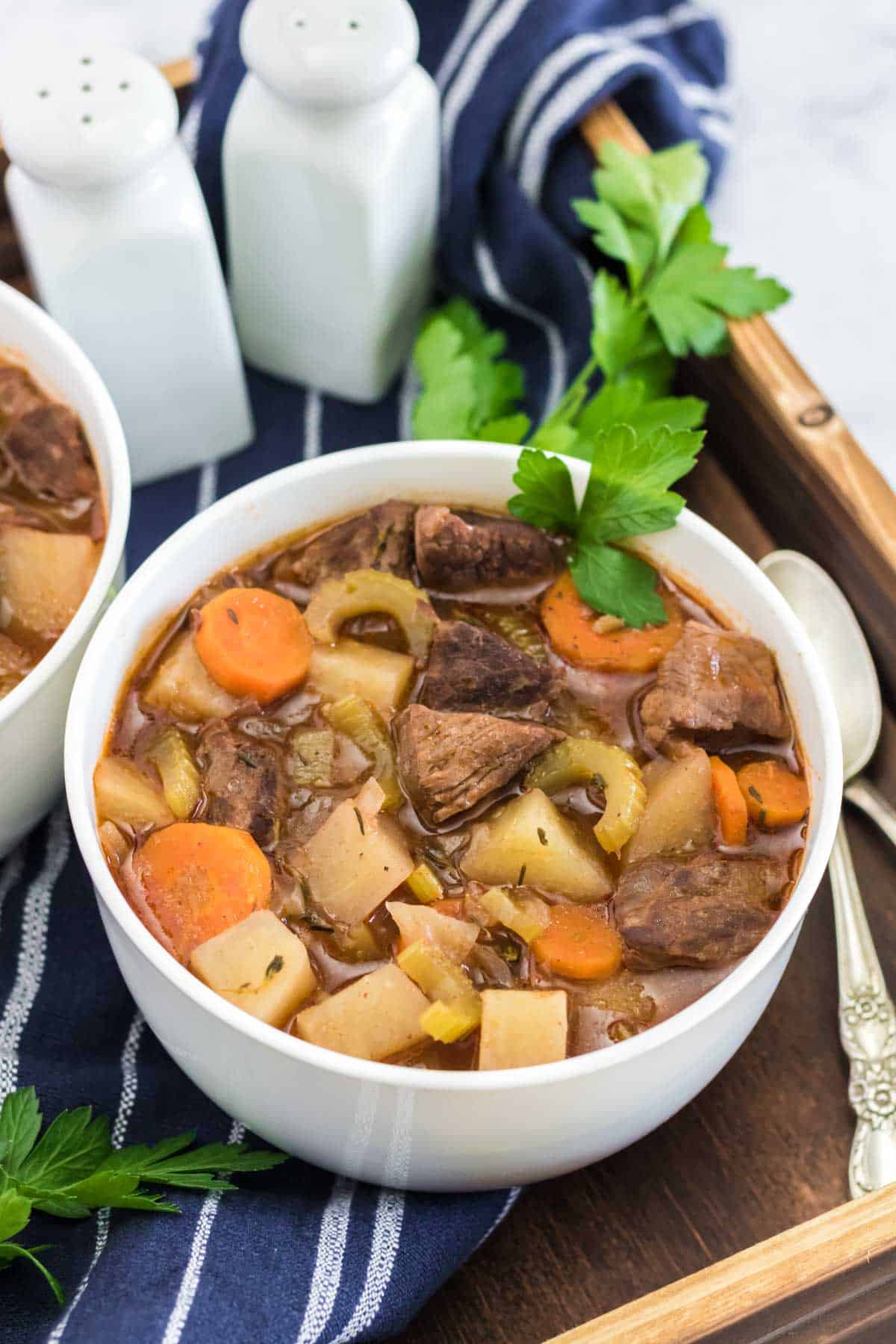 white bowl of beef stew