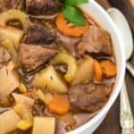 close up on a bowl of beef stew