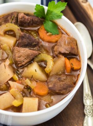 close up on a bowl of beef stew