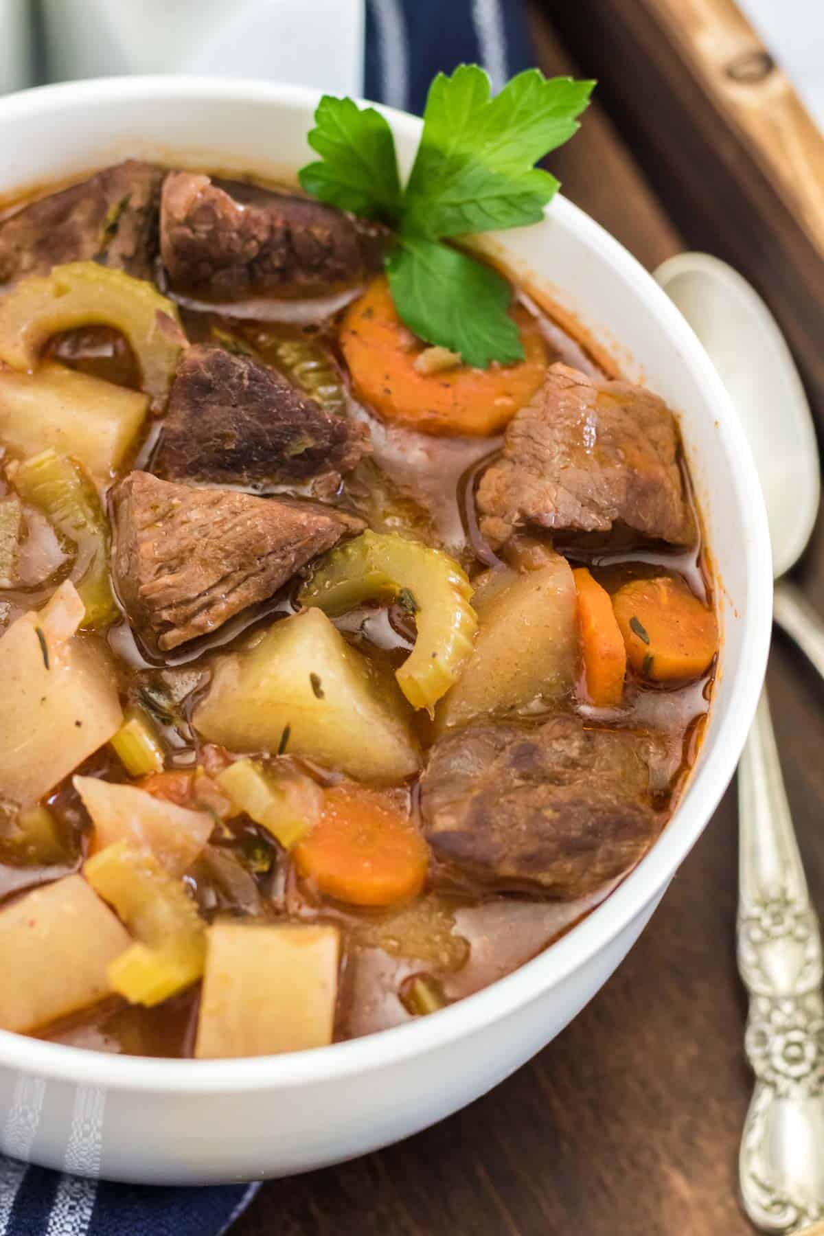 close up on a bowl of beef stew