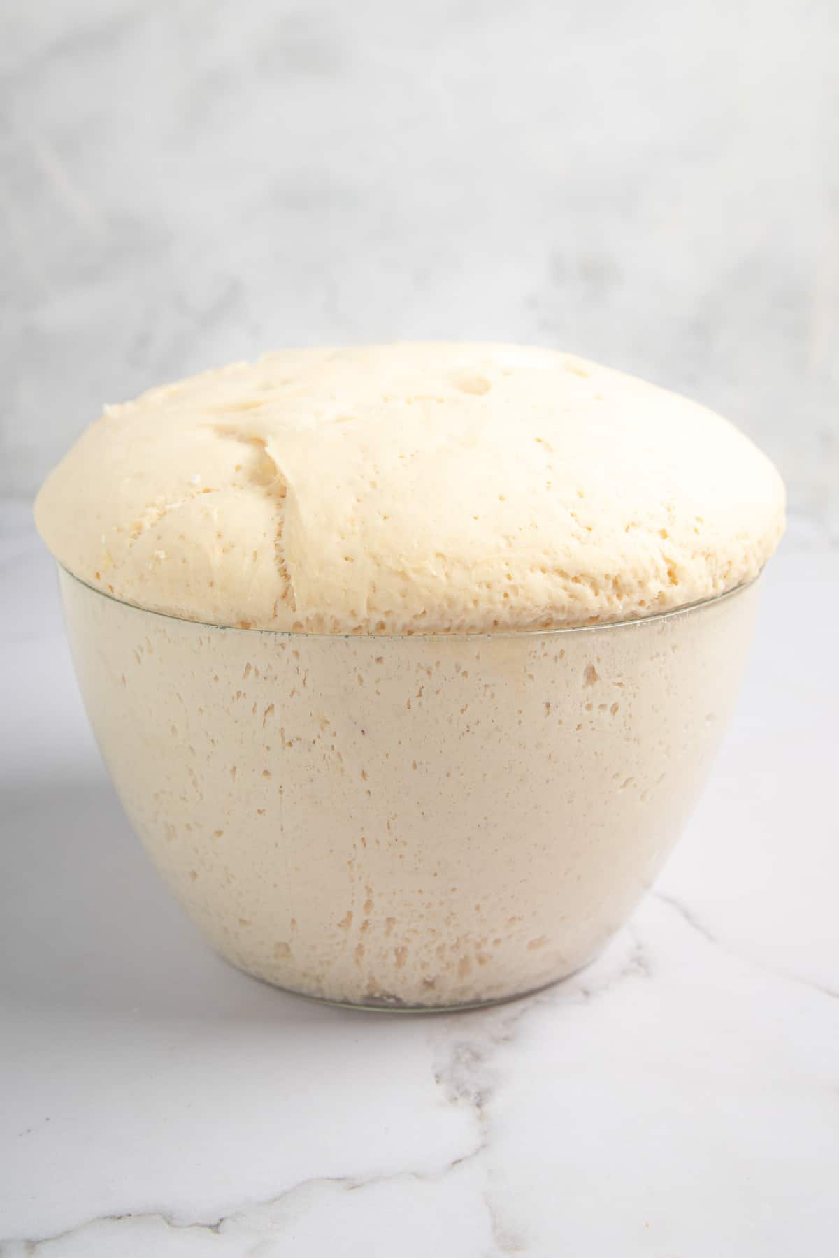 mixing bowl with proofed dough