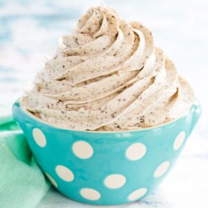 cookies and cream frosting piped into a small bowl