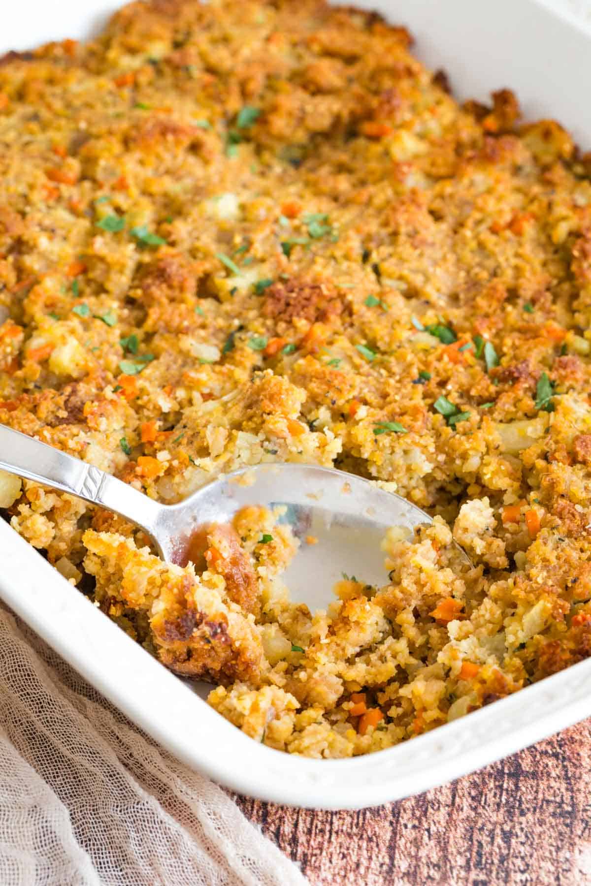 white dish with gluten free cornbread stuffing