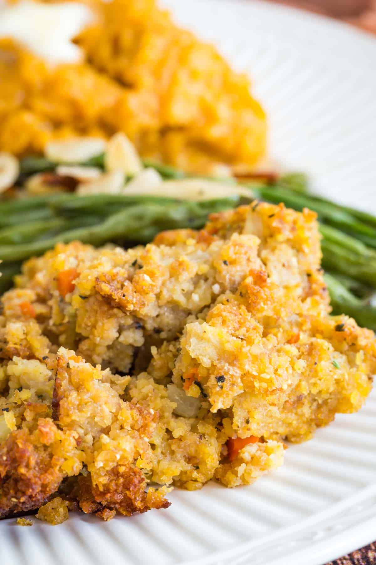 serving of thanksgiving stuffing with green beans