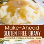 pouring gluten free gravy over mashed potatoes and some in a gravy boat