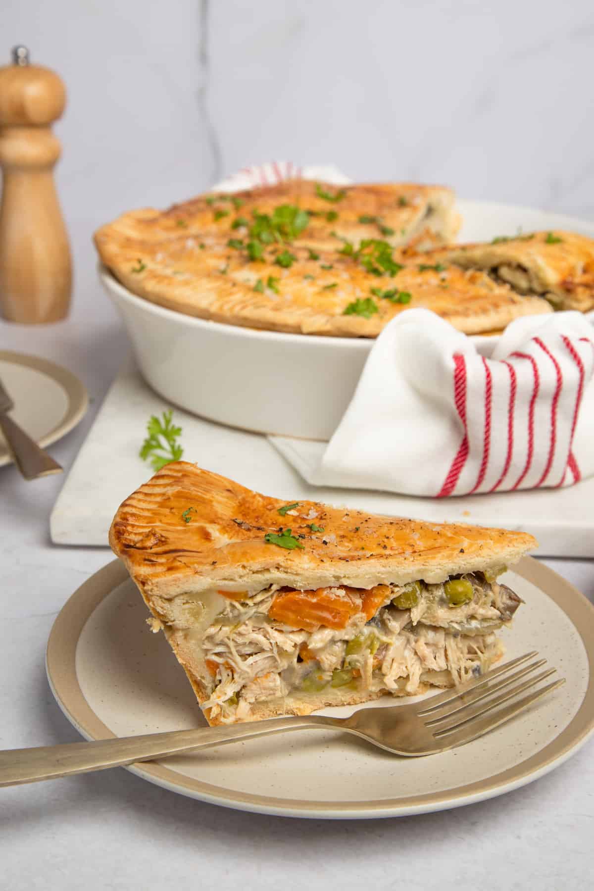 slice of gluten free chicken pot pie on a plate