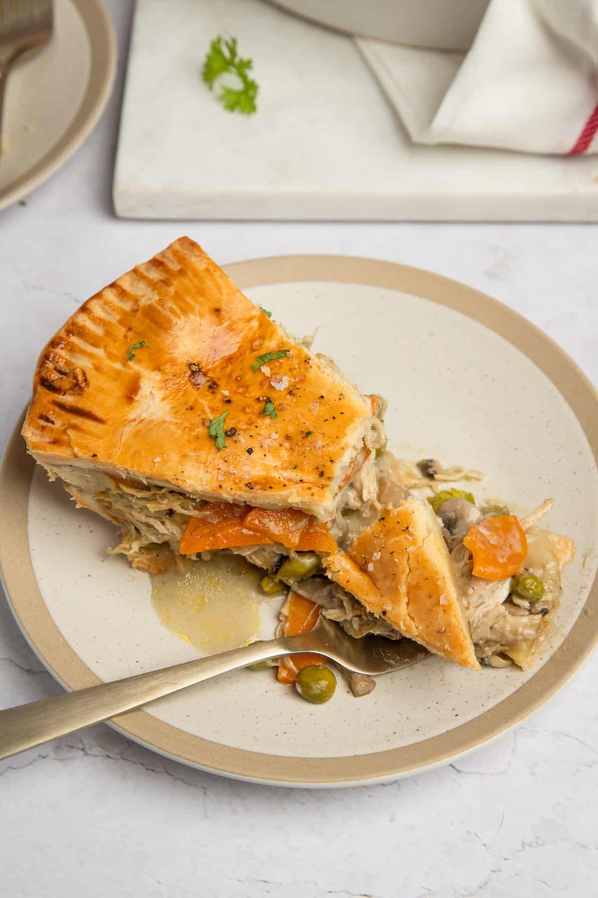 slice of chicken pot pie on a plate