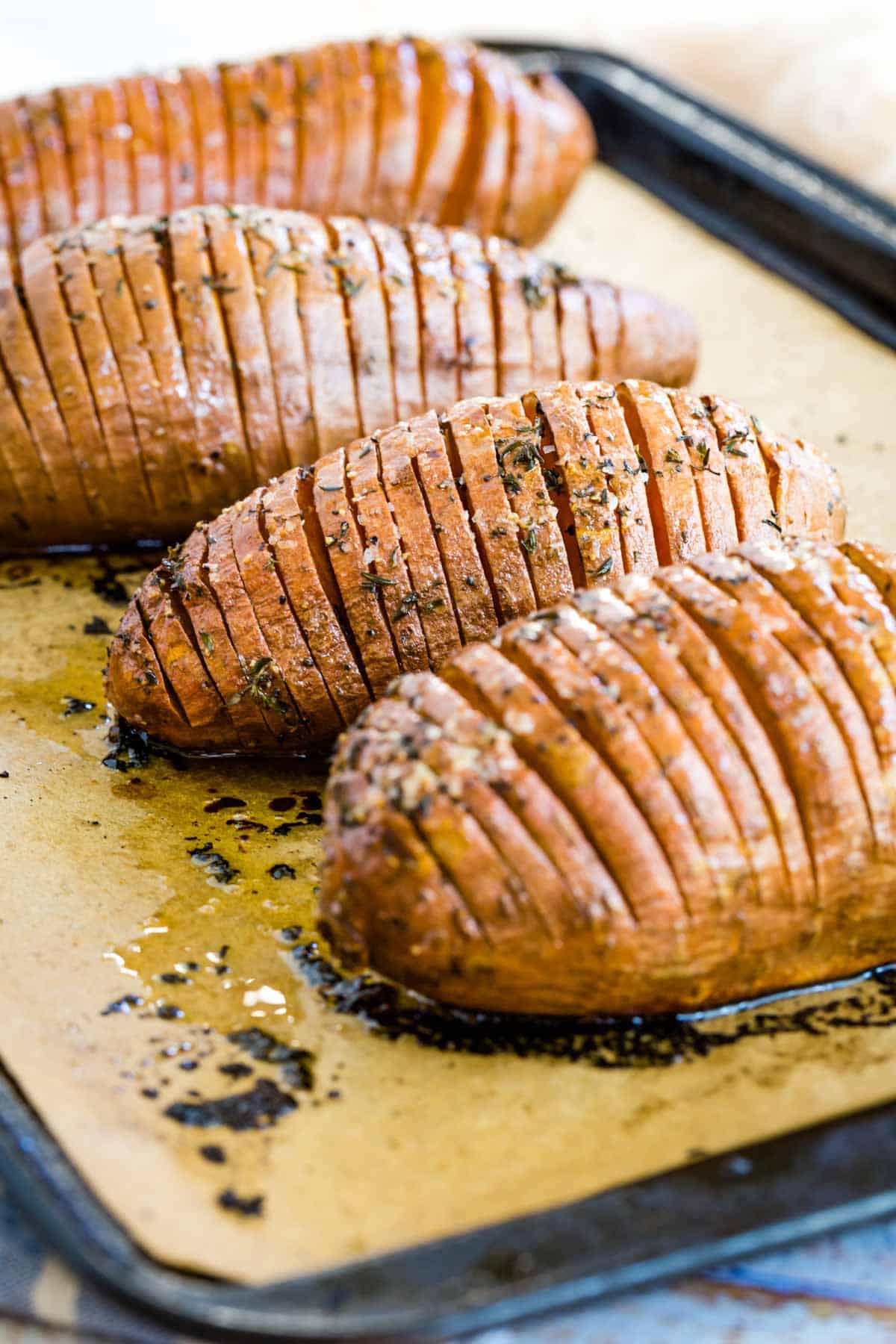 baked haselback sweet potatoes