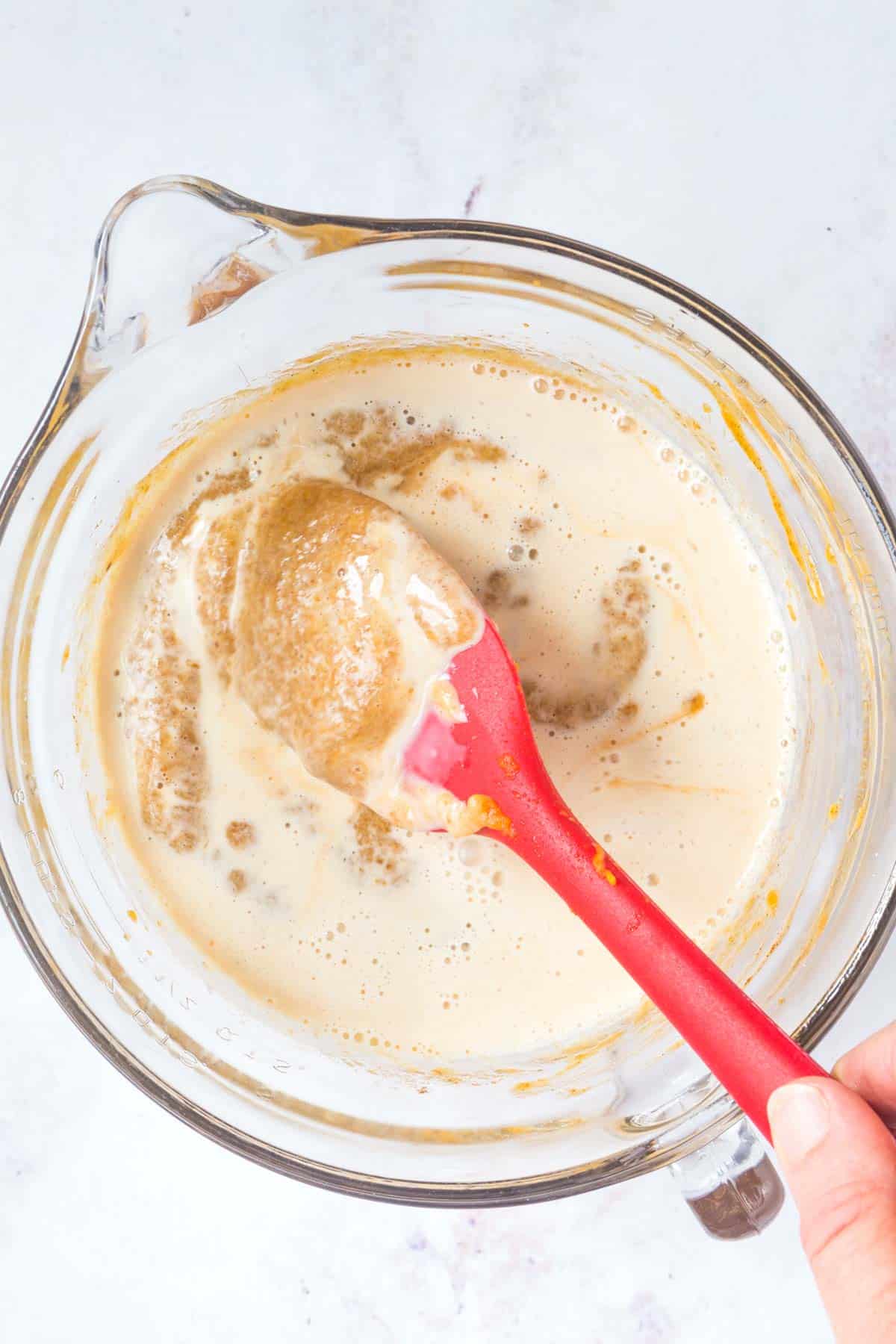 mixing bowl with pumpkin pie filling