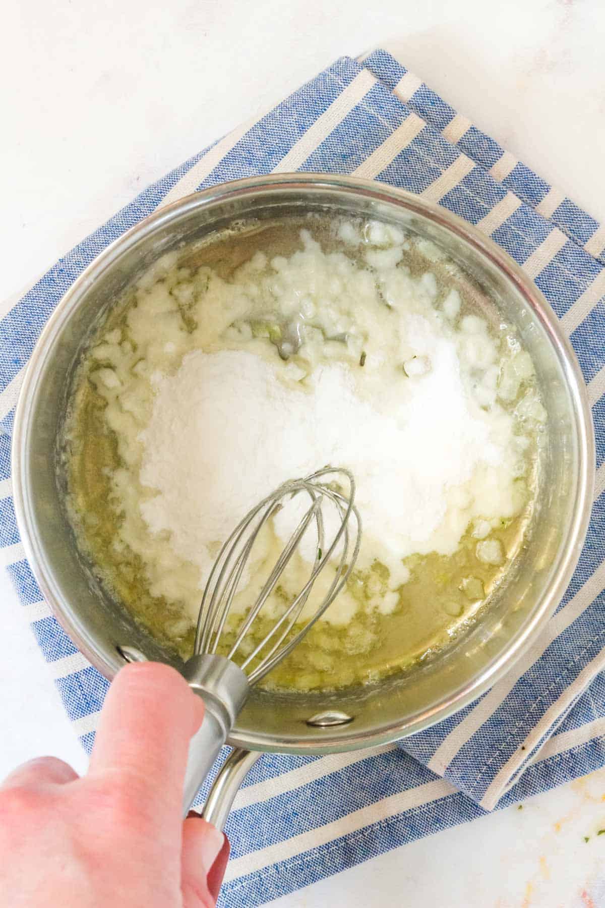 saucepan with sweet rice flour and onions
