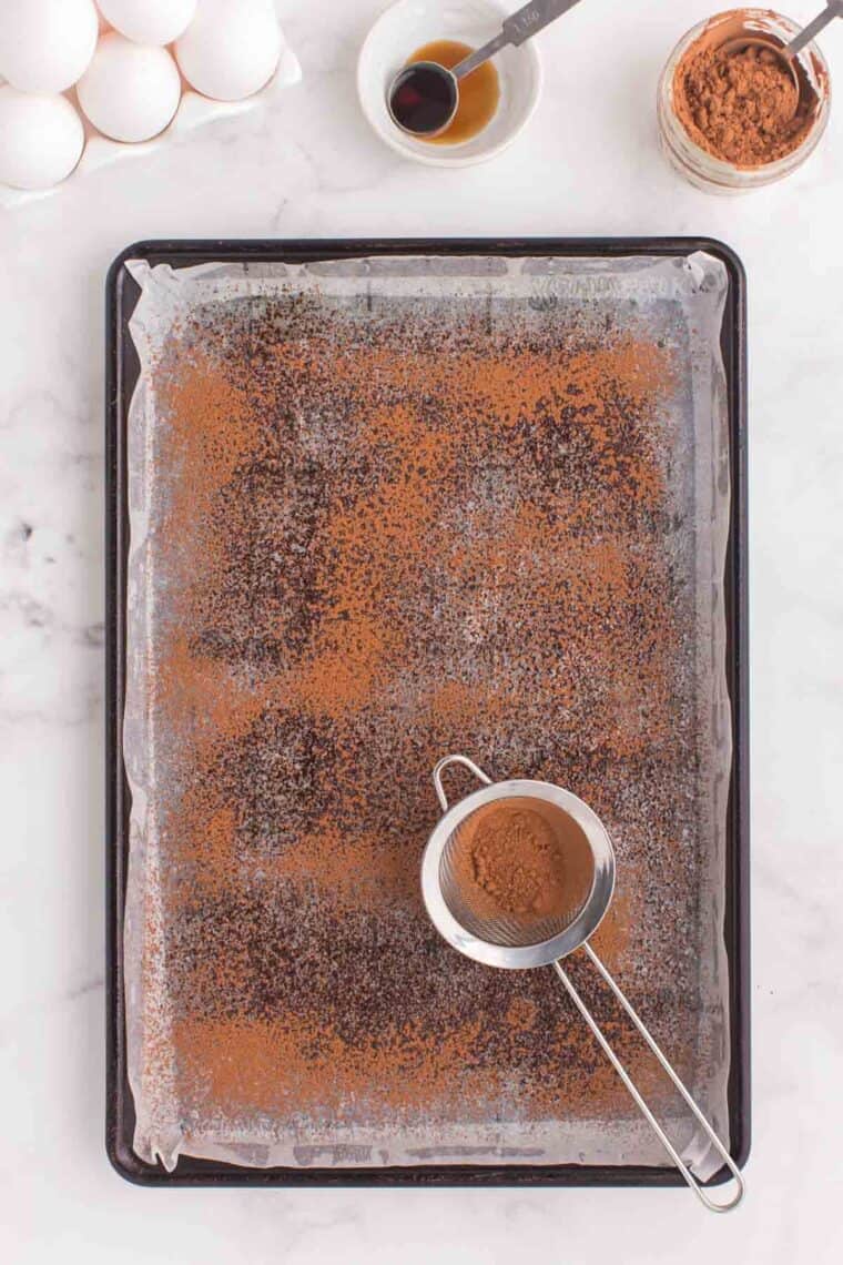 cocoa powder dusted over a parchment-lined baking sheet