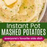 a pat of butter melting on top of a bowl of mashed potatoes, and more being mashed with a potato masher