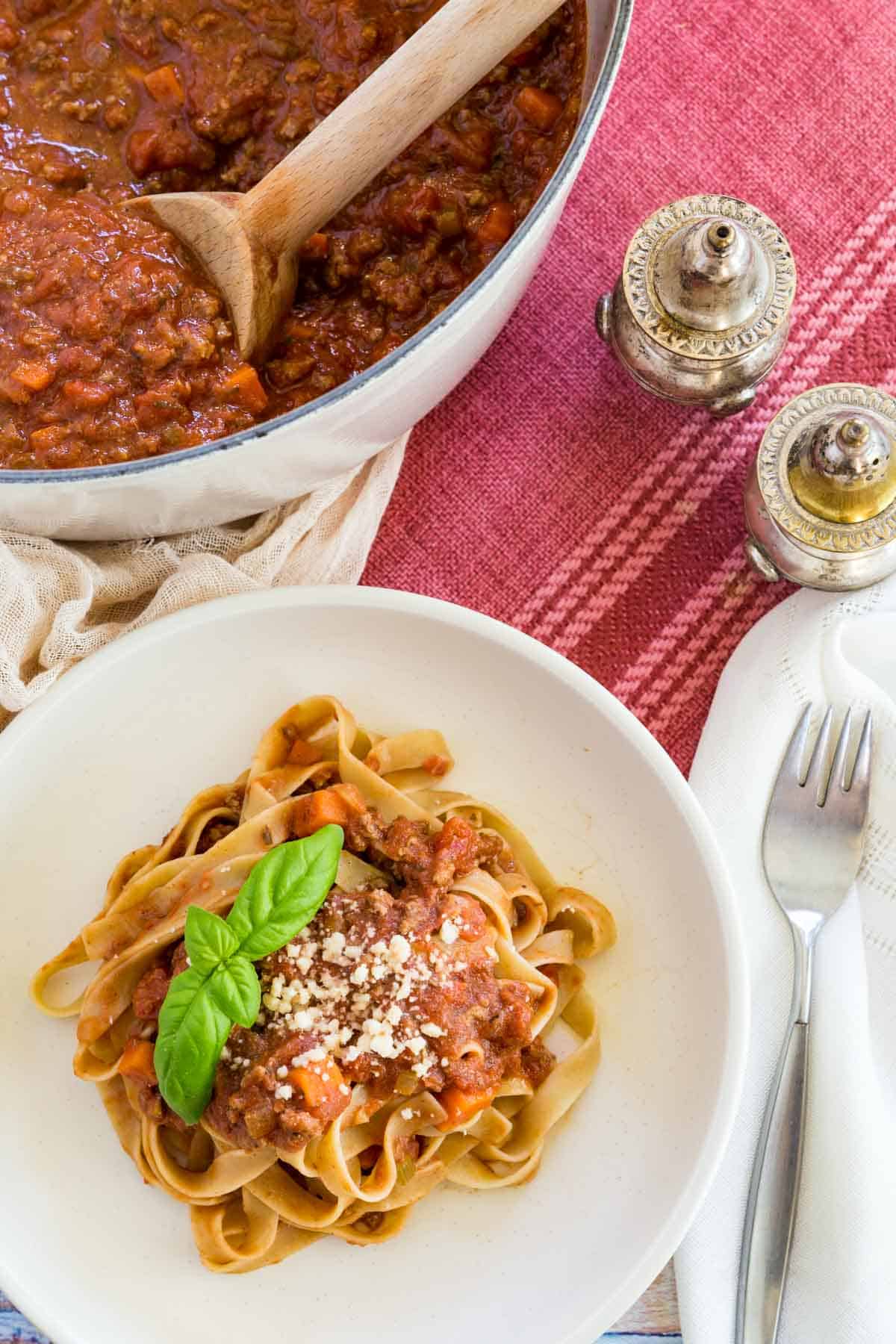 plate of beef bolognese with pasta