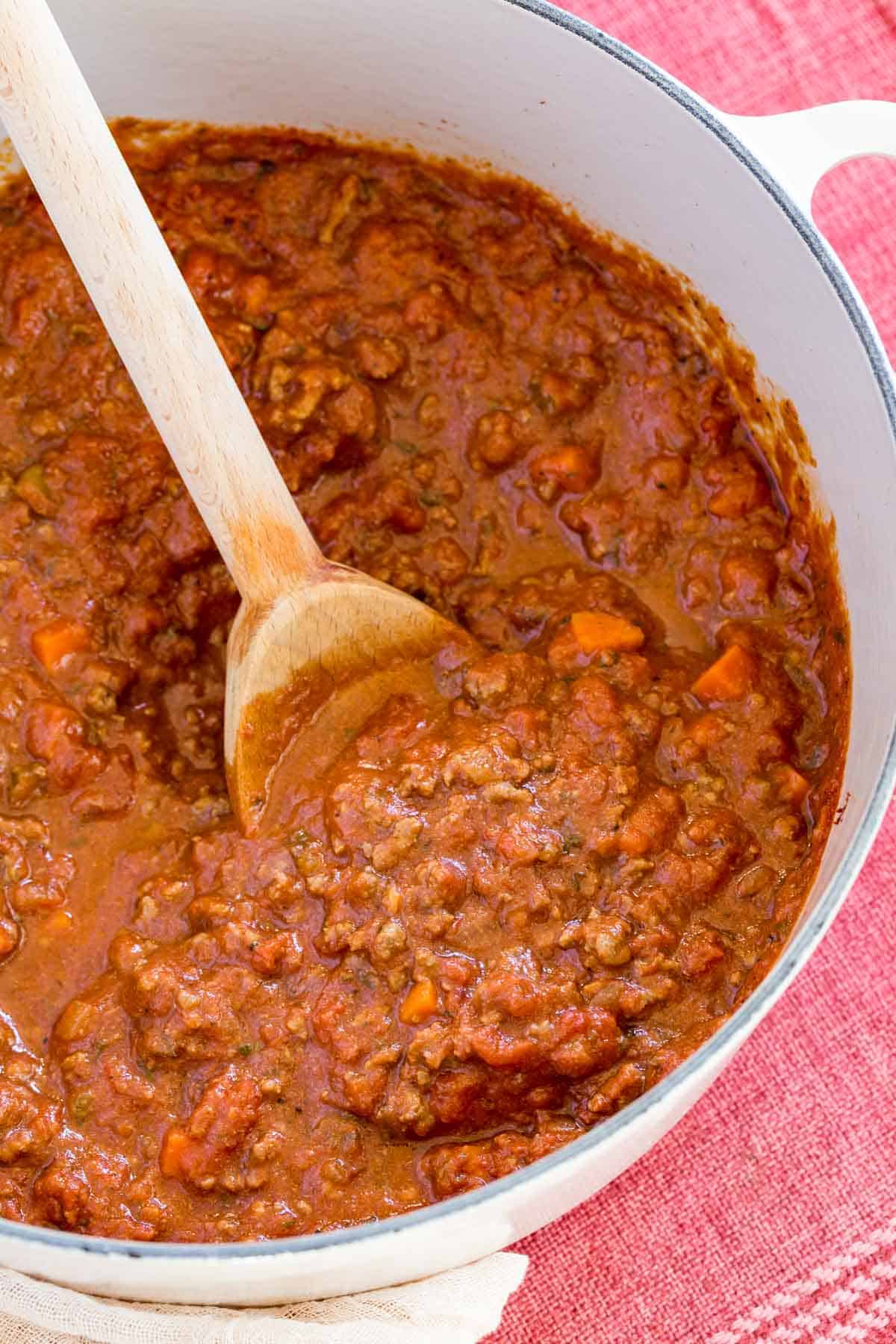 pot with beef bolognese sauce