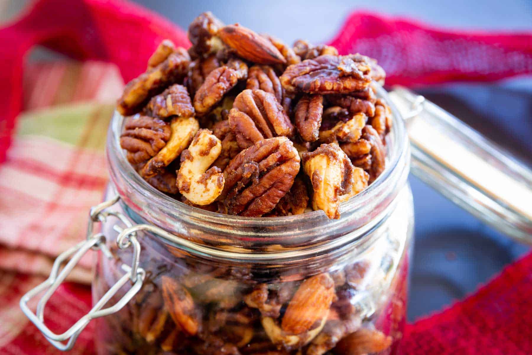 candied nuts in a glass jar