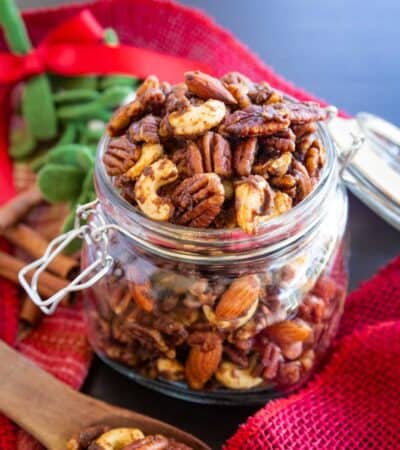 A jar of candied spiced nuts.