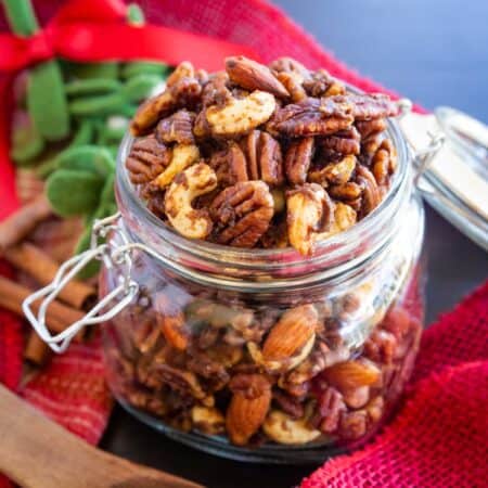 A jar of candied spiced nuts.
