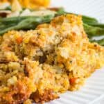 gluten free cornbread stuffing served on a dinner plate