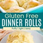 A pan of buttery dinner rolls and one on a plate cut open being spread with butter divided by a turquoise box with text overlay that says "Gluten Free Dinner Rolls" and the words fluffy, light, and tasty.