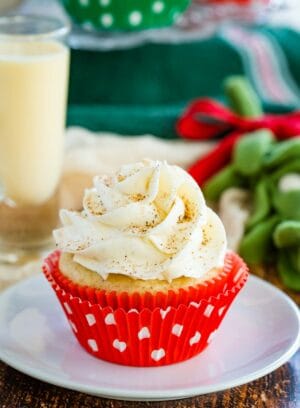 eggnog cupcake iin a red liner