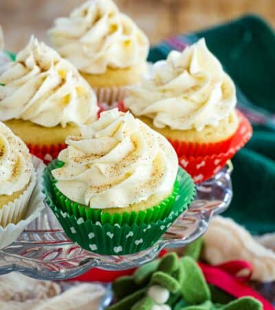 plate of eggnog cupcakes with frosting