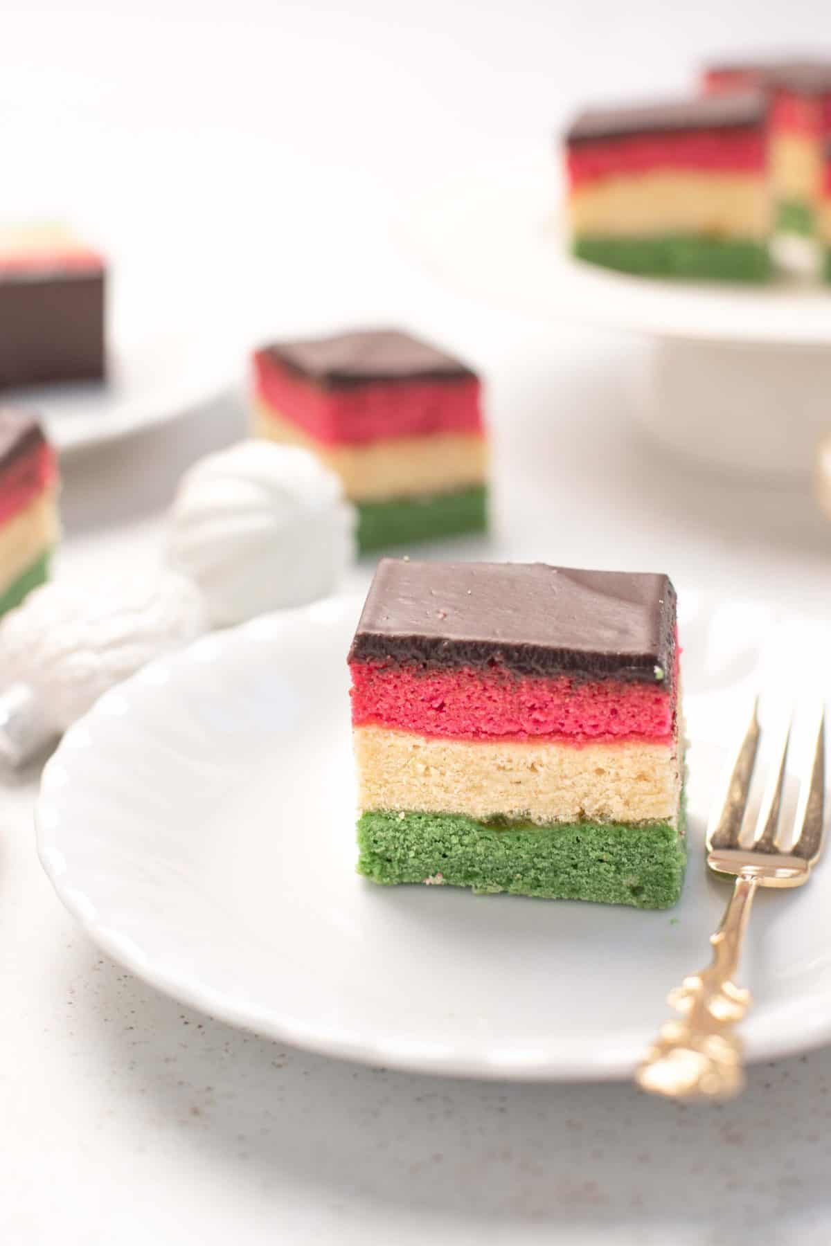 close up on a slice of rainbow cookie