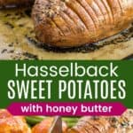 hasselback sweet potatoes on a parchment-lined sheet pan and one served on a plate