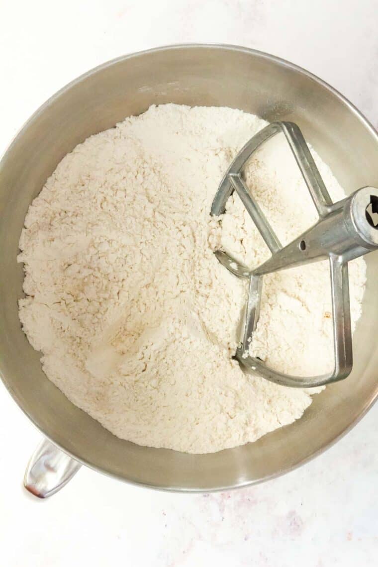 dry ingredients in the bowl of a stand mixer