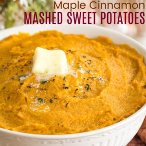 a bowl of mashed sweet potatoes with butter melting on top