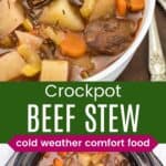 a bowl of beef stew with veggies and the stew in the crockpot