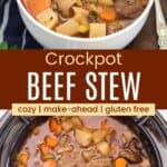 beef stew in a white bowl and a slow cooker full of the stew