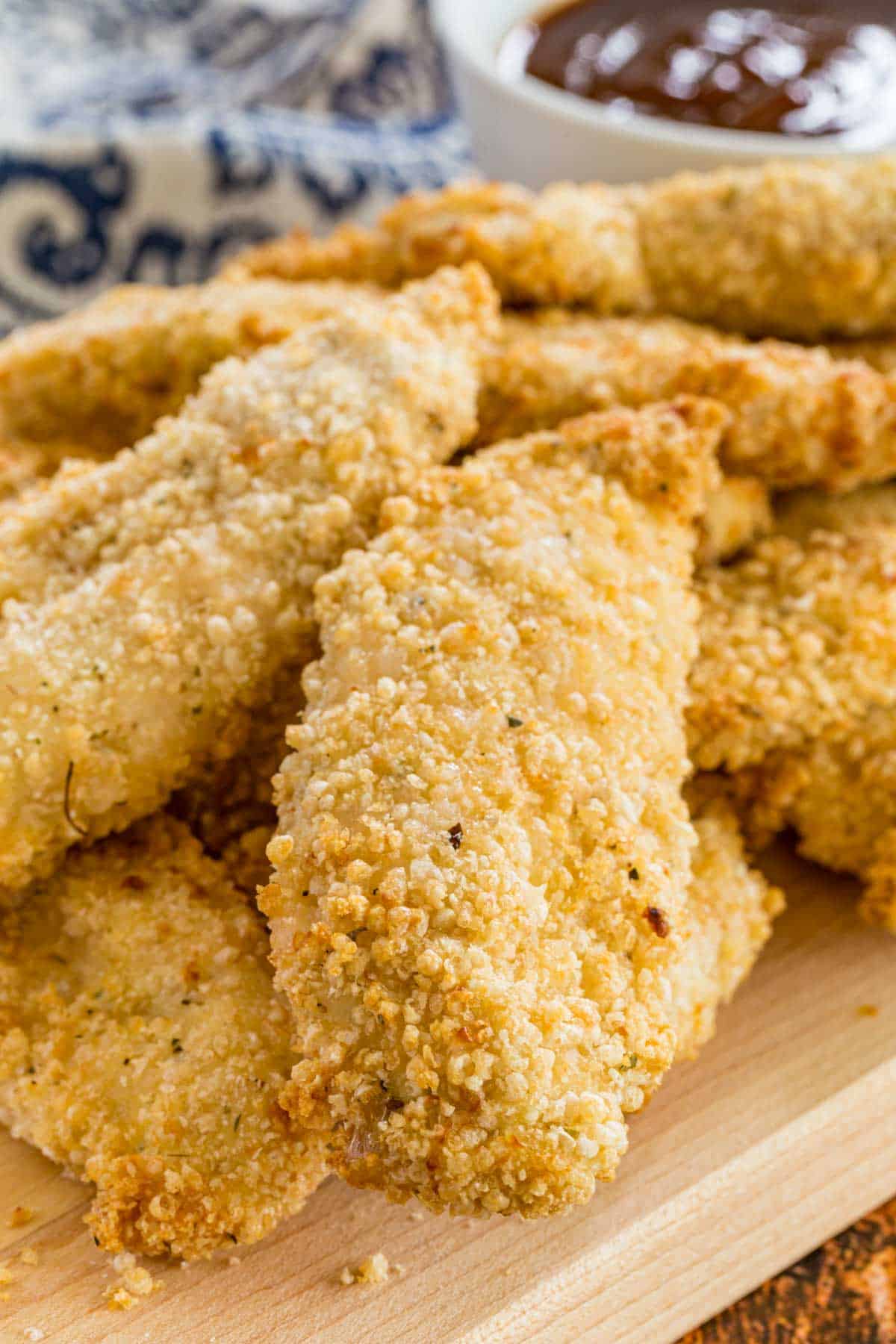 Close up of air fryer chicken tenders.