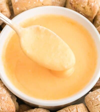 A spoon dipped in cheese sauce.