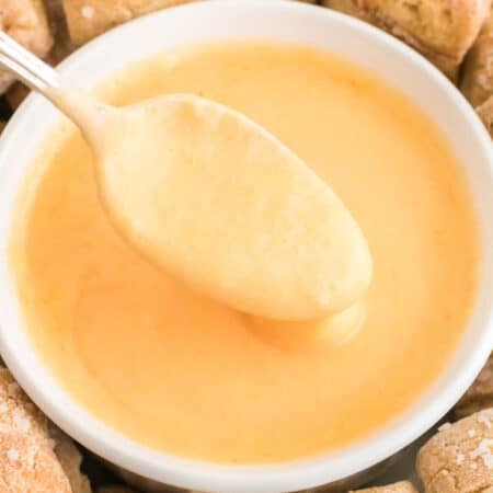 A spoon dipped in cheese sauce.